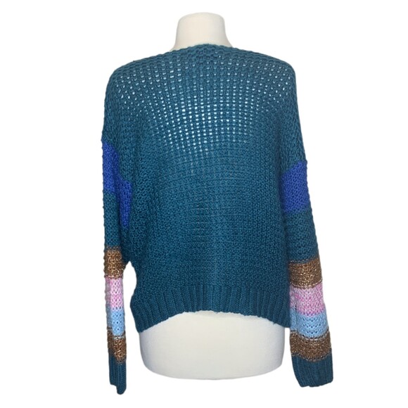 Heartloom Women’s Large Open Knit Sweater Teal Multi Color Block Sleeves Boho - Picture 3 of 9